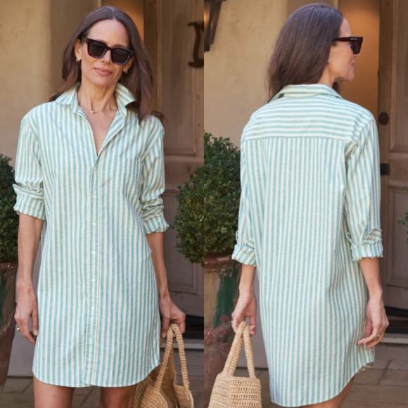 Frank & Eileen Mary Classic Shirtdress‎ Recycled Cotton Green Sand Stripe Large
